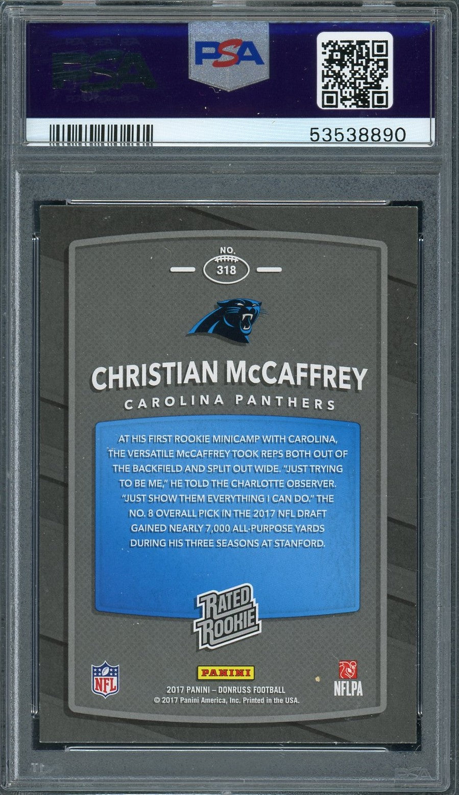 Christian McCaffrey 2017 Panini Donruss Football Rookie Card #318 Graded PSA 8-Powers Sports Memorabilia