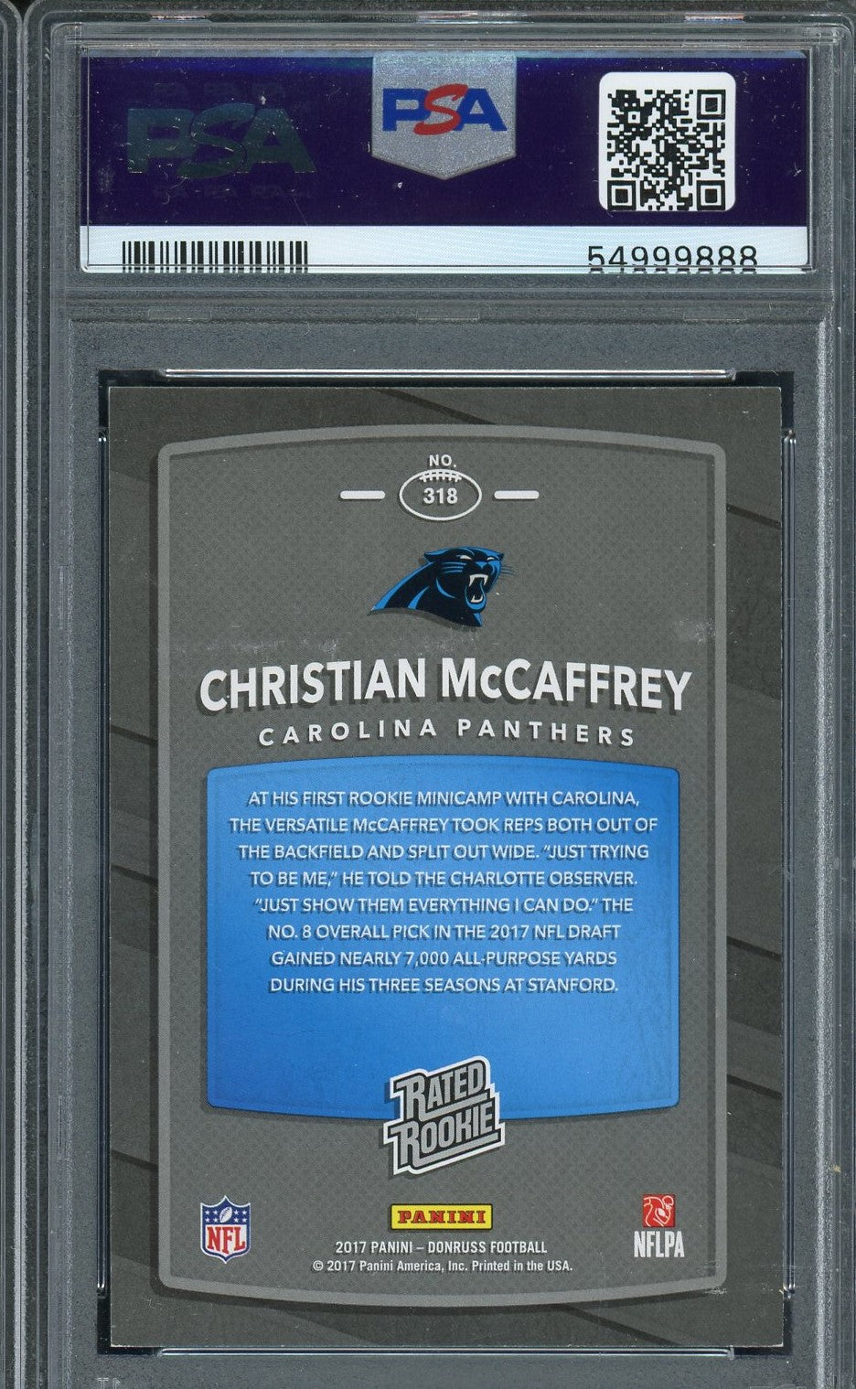 Christian McCaffrey 2017 Panini Donruss Football Rookie Card #318 Graded PSA 9-Powers Sports Memorabilia