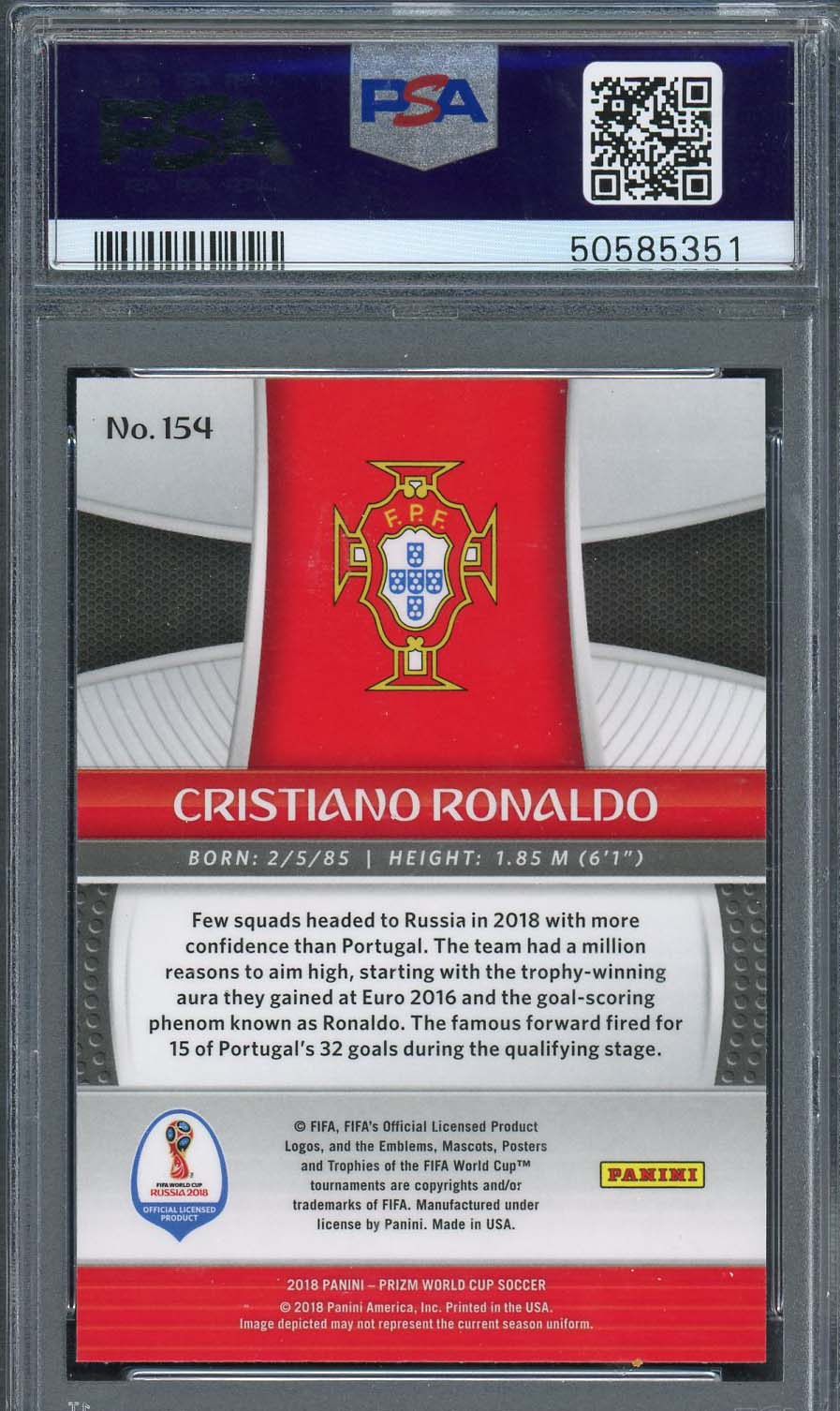 Cristiano Ronaldo 2018 Panini Prizm World Cup Soccer Card #154 Graded PSA 10-Powers Sports Memorabilia