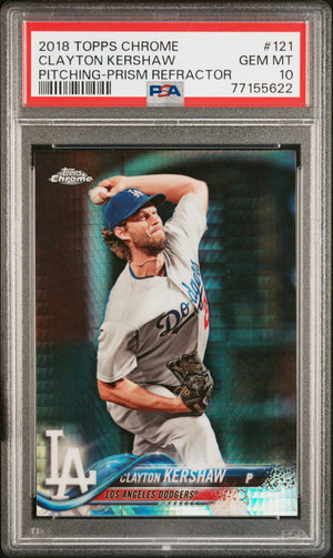 Clayton Kershaw 2018 Topps Chrome Prism Refractor Baseball Card #121 PSA 10-Powers Sports Memorabilia