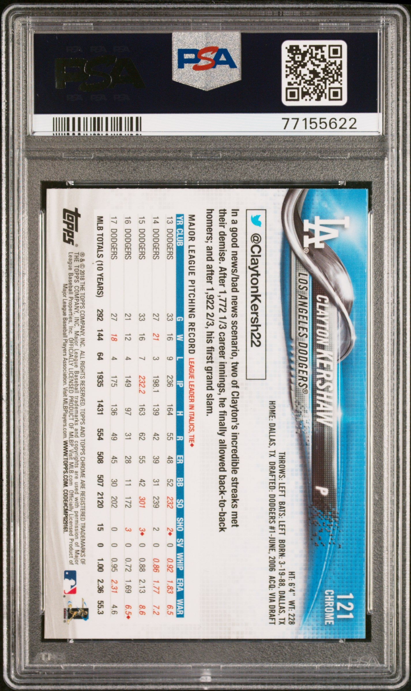Clayton Kershaw 2018 Topps Chrome Prism Refractor Baseball Card #121 PSA 10-Powers Sports Memorabilia