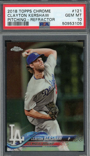 Clayton Kershaw 2018 Topps Chrome Refractor Card #121 Graded PSA 10-Powers Sports Memorabilia