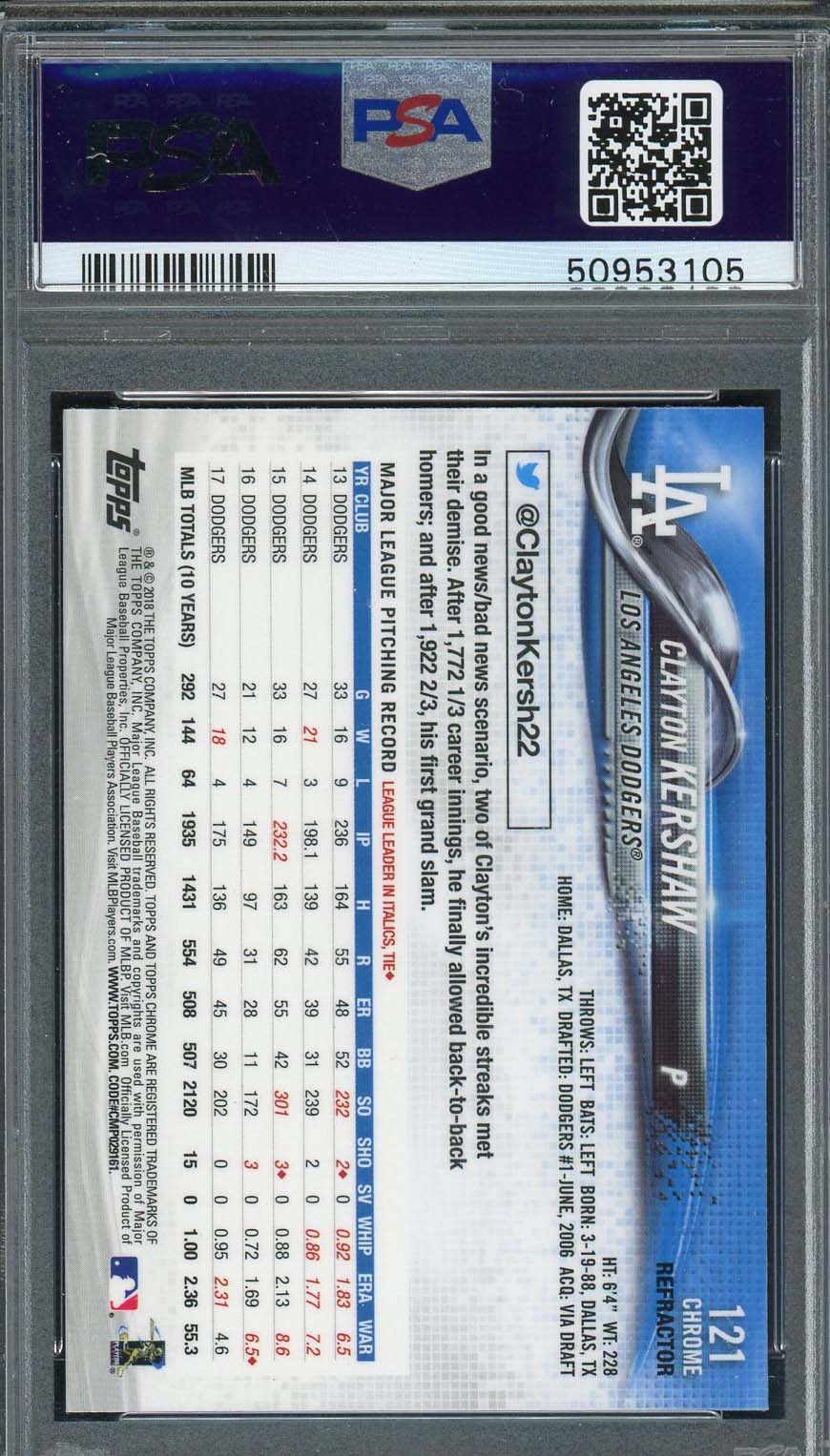 Clayton Kershaw 2018 Topps Chrome Refractor Card #121 Graded PSA 10-Powers Sports Memorabilia