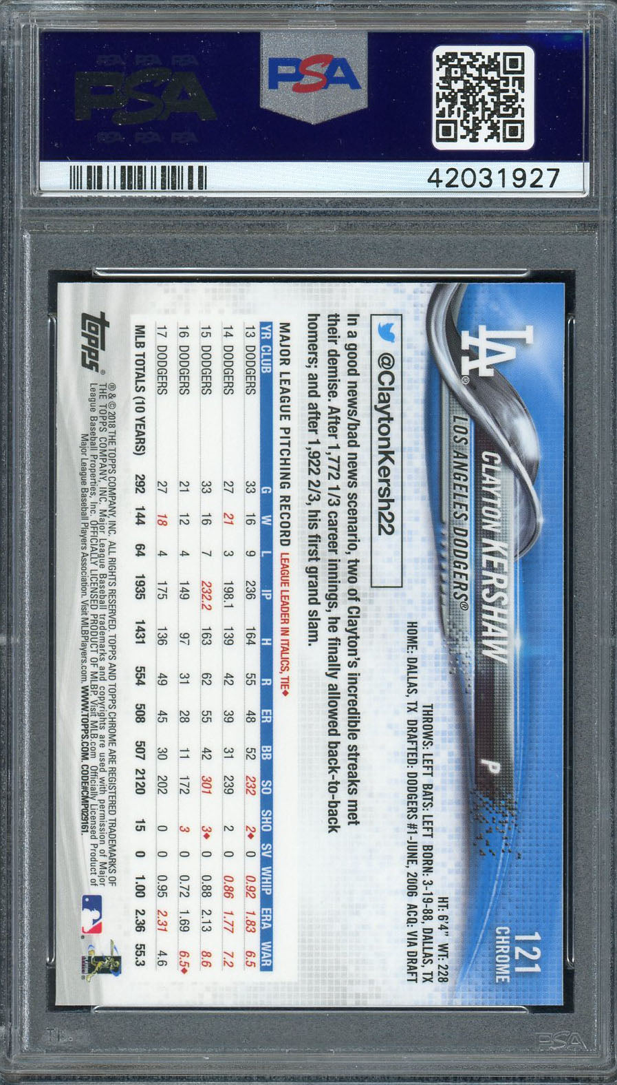 Clayton Kershaw 2018 Topps Chrome Baseball Card #121 Graded PSA 10 GEM MINT-Powers Sports Memorabilia