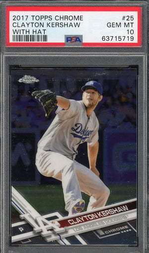 Clayton Kershaw 2017 Topps Chrome With Hat Baseball Card #25 Graded PSA 10-Powers Sports Memorabilia