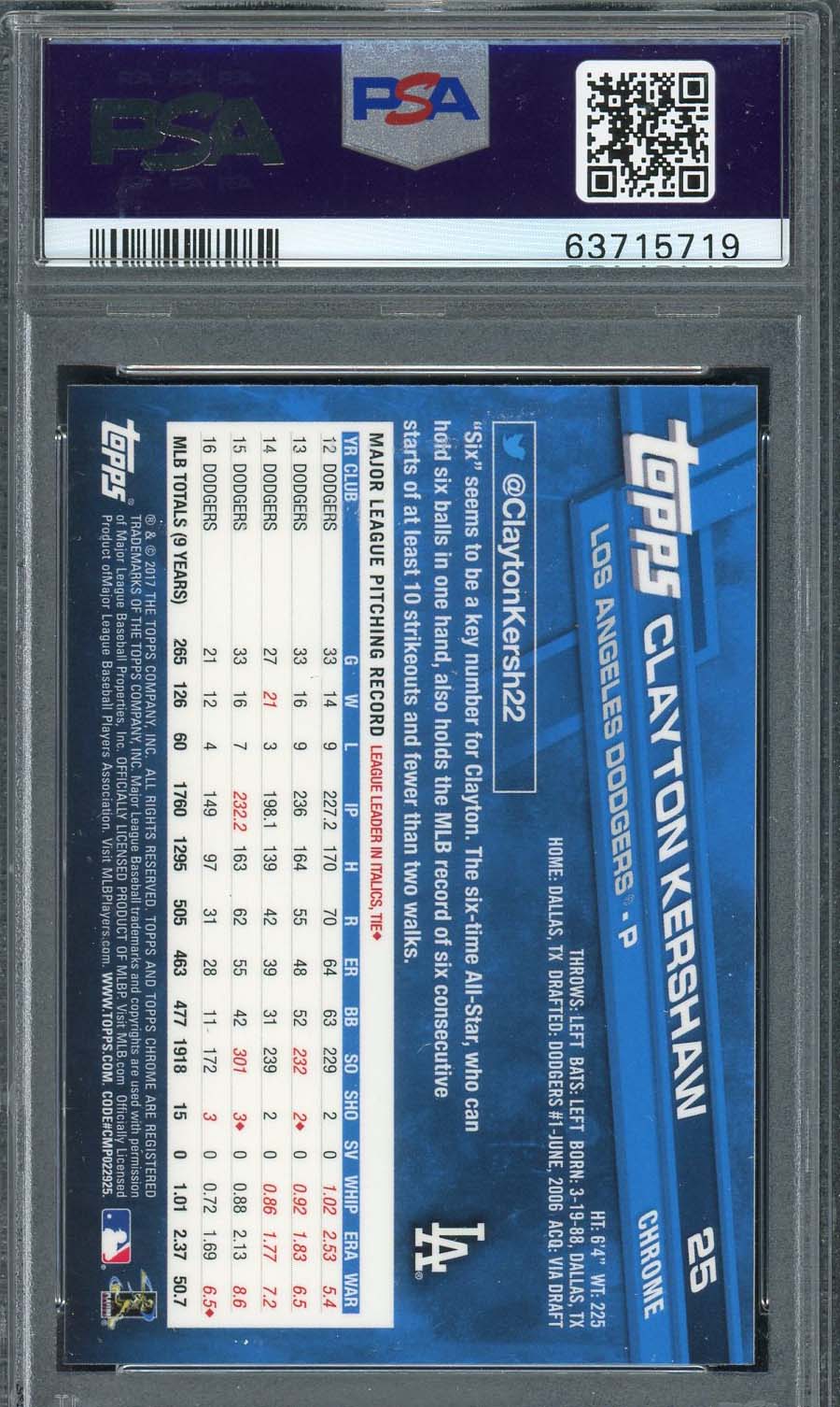 Clayton Kershaw 2017 Topps Chrome With Hat Baseball Card #25 Graded PSA 10-Powers Sports Memorabilia