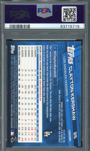 Clayton Kershaw 2017 Topps Chrome With Hat Baseball Card #25 Graded PSA 10-Powers Sports Memorabilia