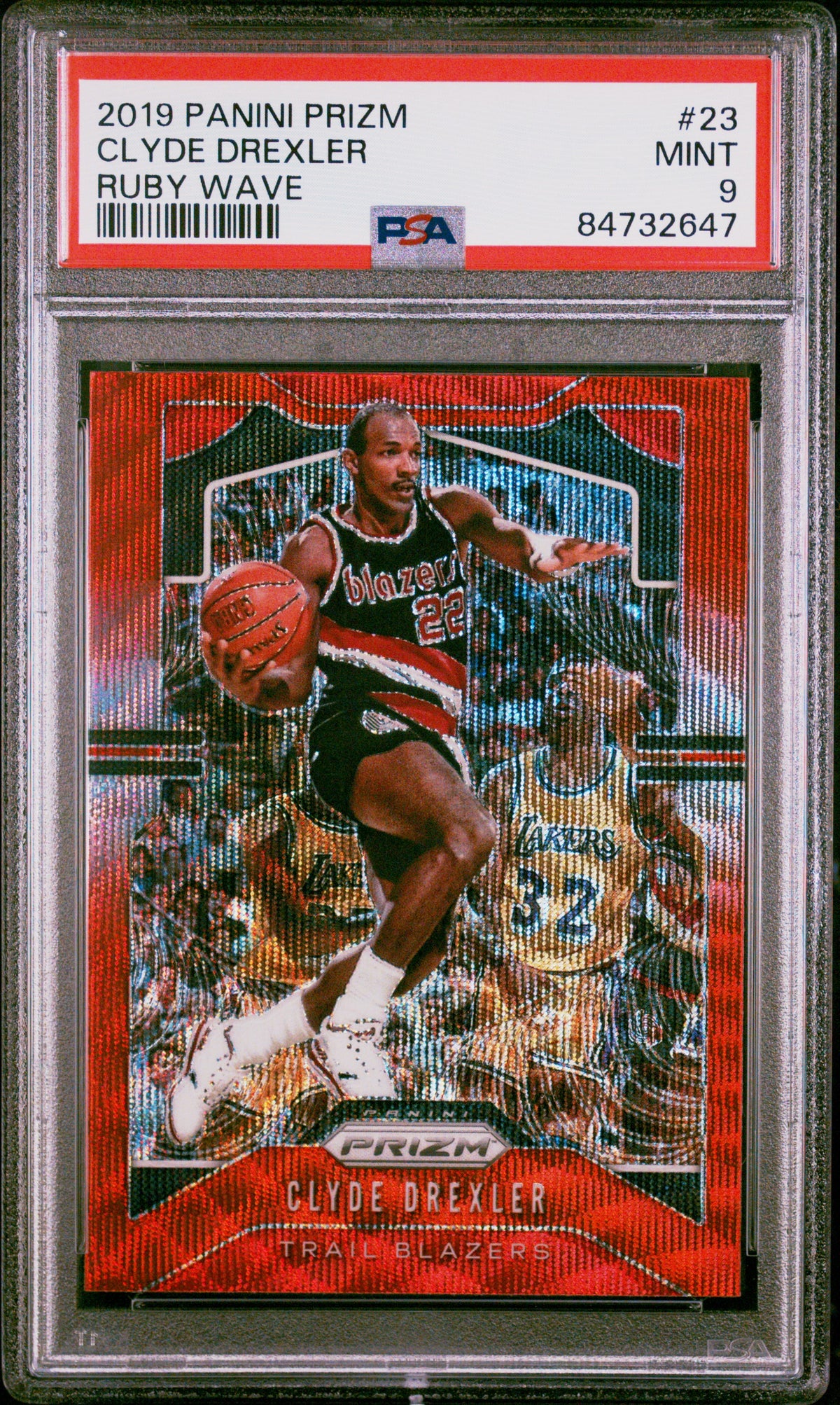 Clyde Drexler 2019 Panini Prizm Ruby Wave Red Basketball Card #23 Graded PSA 9-Powers Sports Memorabilia