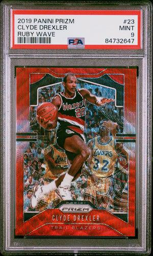 Clyde Drexler 2019 Panini Prizm Ruby Wave Red Basketball Card #23 Graded PSA 9-Powers Sports Memorabilia