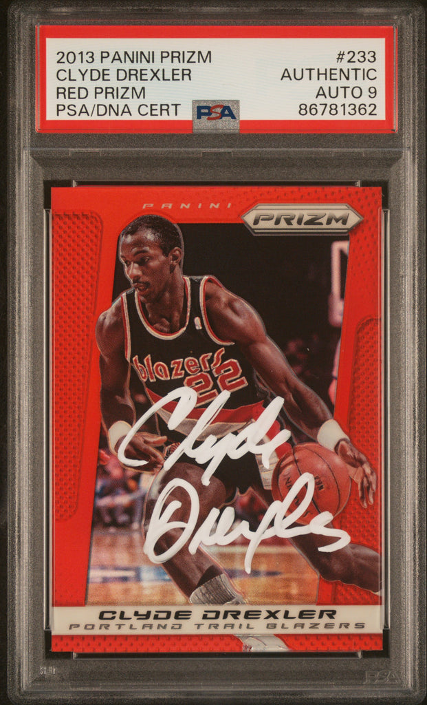 Clyde Drexler 2013 Panini Prizm Red Signed Card #233 Auto Graded PSA 9