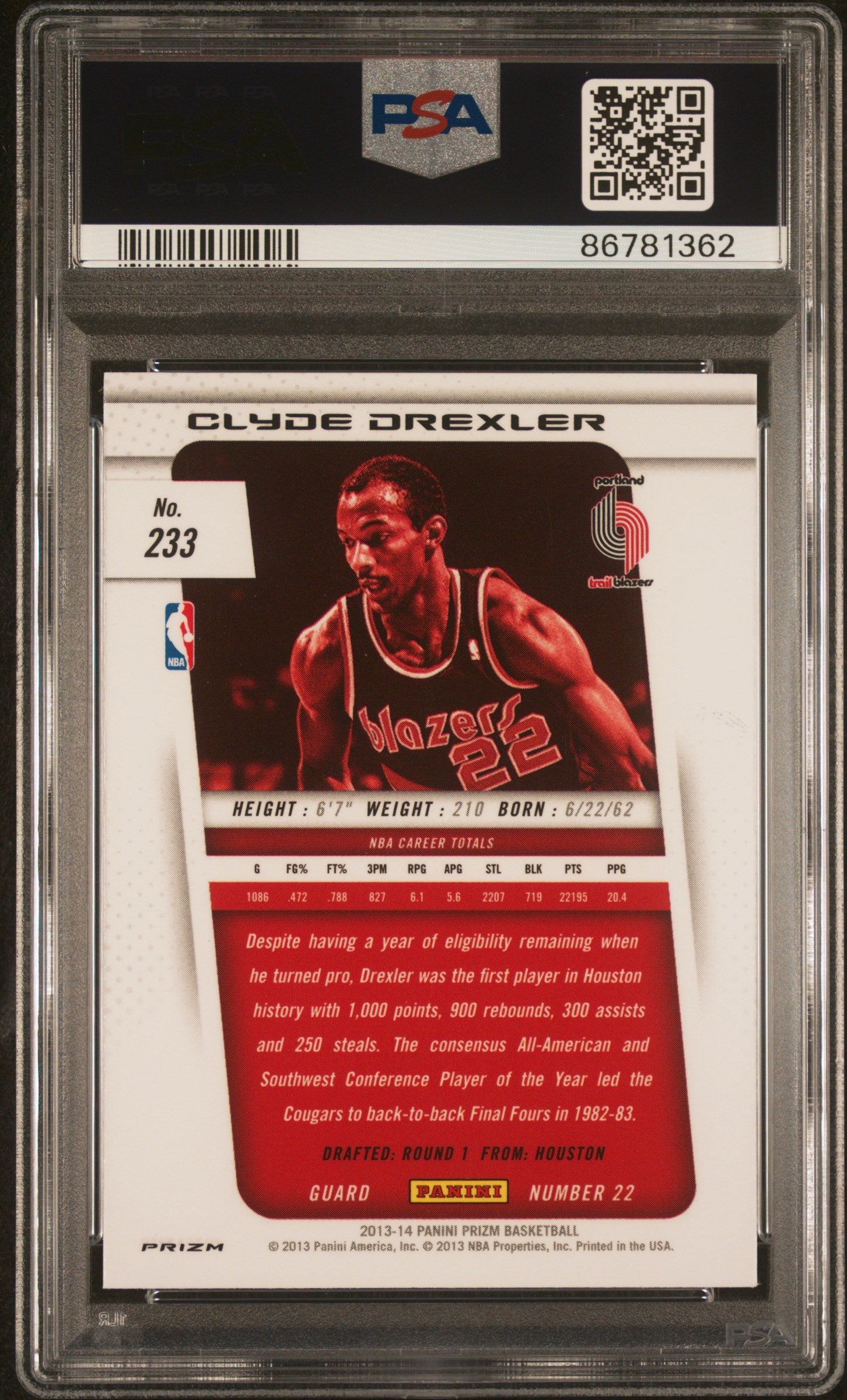 Clyde Drexler 2013 Panini Prizm Red Signed Card #233 Auto Graded PSA 9 86781362-Powers Sports Memorabilia