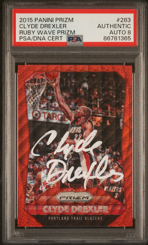 Clyde Drexler 2015 Panini Prizm Ruby Wave Red Card #283 Auto PSA 8 143/350-Powers Sports Memorabilia