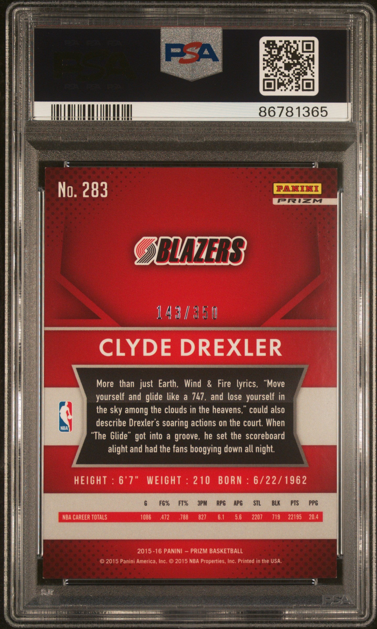 Clyde Drexler 2015 Panini Prizm Ruby Wave Red Card #283 Auto PSA 8 143/350-Powers Sports Memorabilia