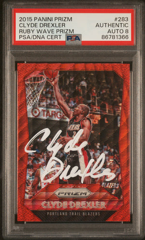 Clyde Drexler 2015 Panini Prizm Ruby Wave Red Card #283 Auto PSA 8 213/350-Powers Sports Memorabilia