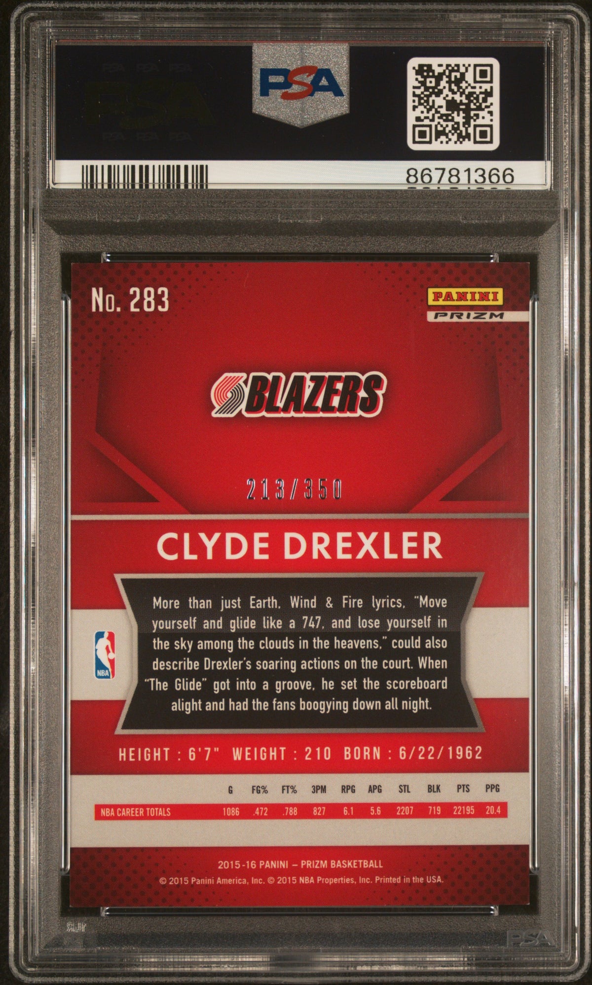 Clyde Drexler 2015 Panini Prizm Ruby Wave Red Card #283 Auto PSA 8 213/350-Powers Sports Memorabilia