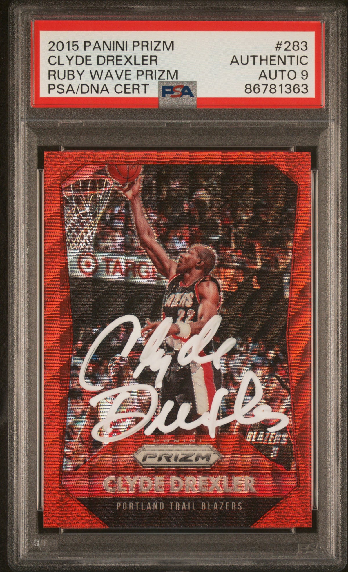 Clyde Drexler 2015 Panini Prizm Ruby Wave Red Card #283 Auto PSA 9 139/350-Powers Sports Memorabilia