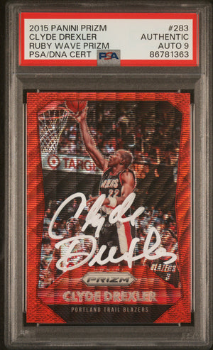 Clyde Drexler 2015 Panini Prizm Ruby Wave Red Card #283 Auto PSA 9 139/350-Powers Sports Memorabilia