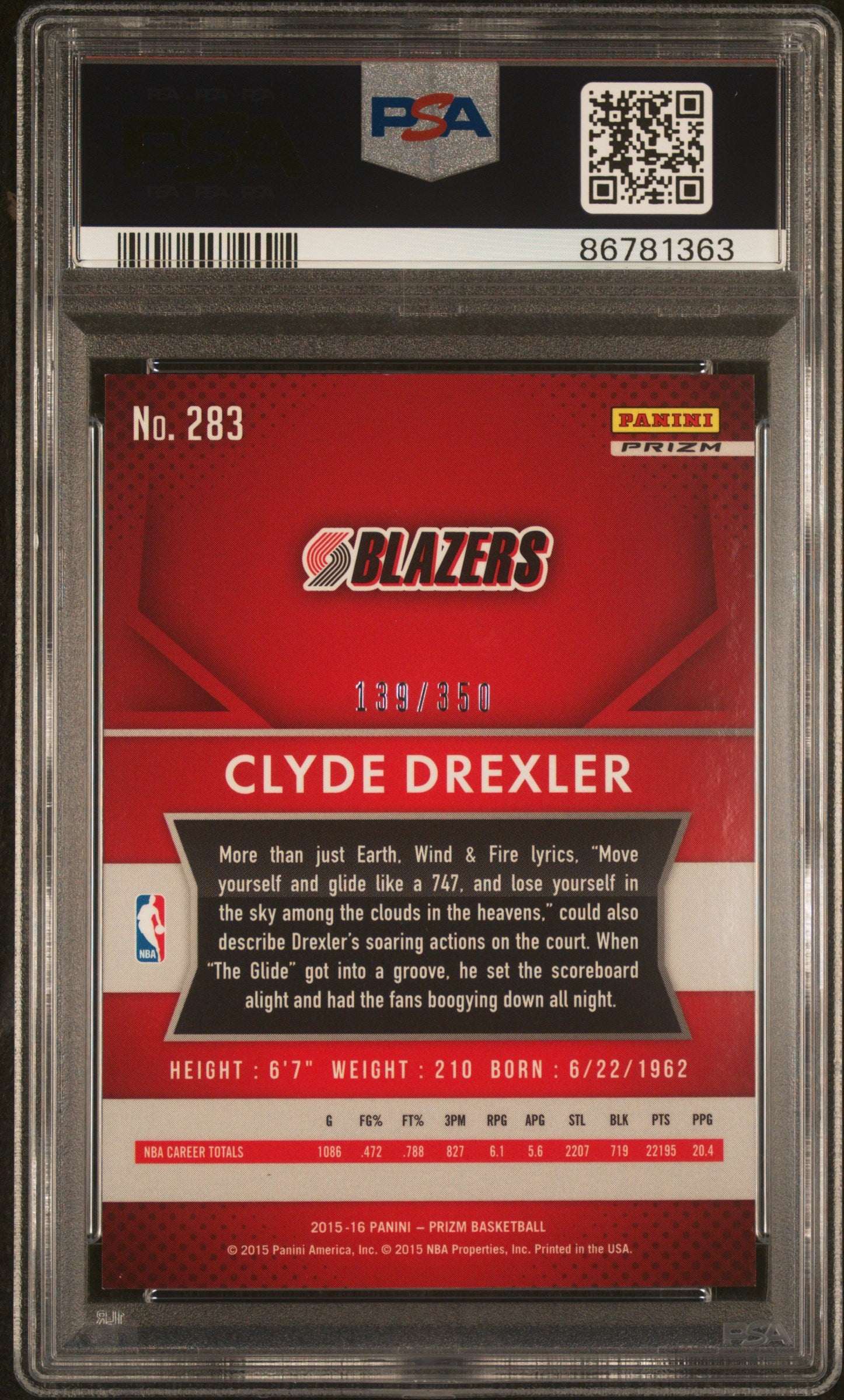 Clyde Drexler 2015 Panini Prizm Ruby Wave Red Card #283 Auto PSA 9 139/350-Powers Sports Memorabilia