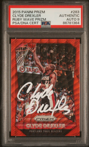 Clyde Drexler 2015 Panini Prizm Ruby Wave Red Card #283 Auto PSA 9 52/350-Powers Sports Memorabilia