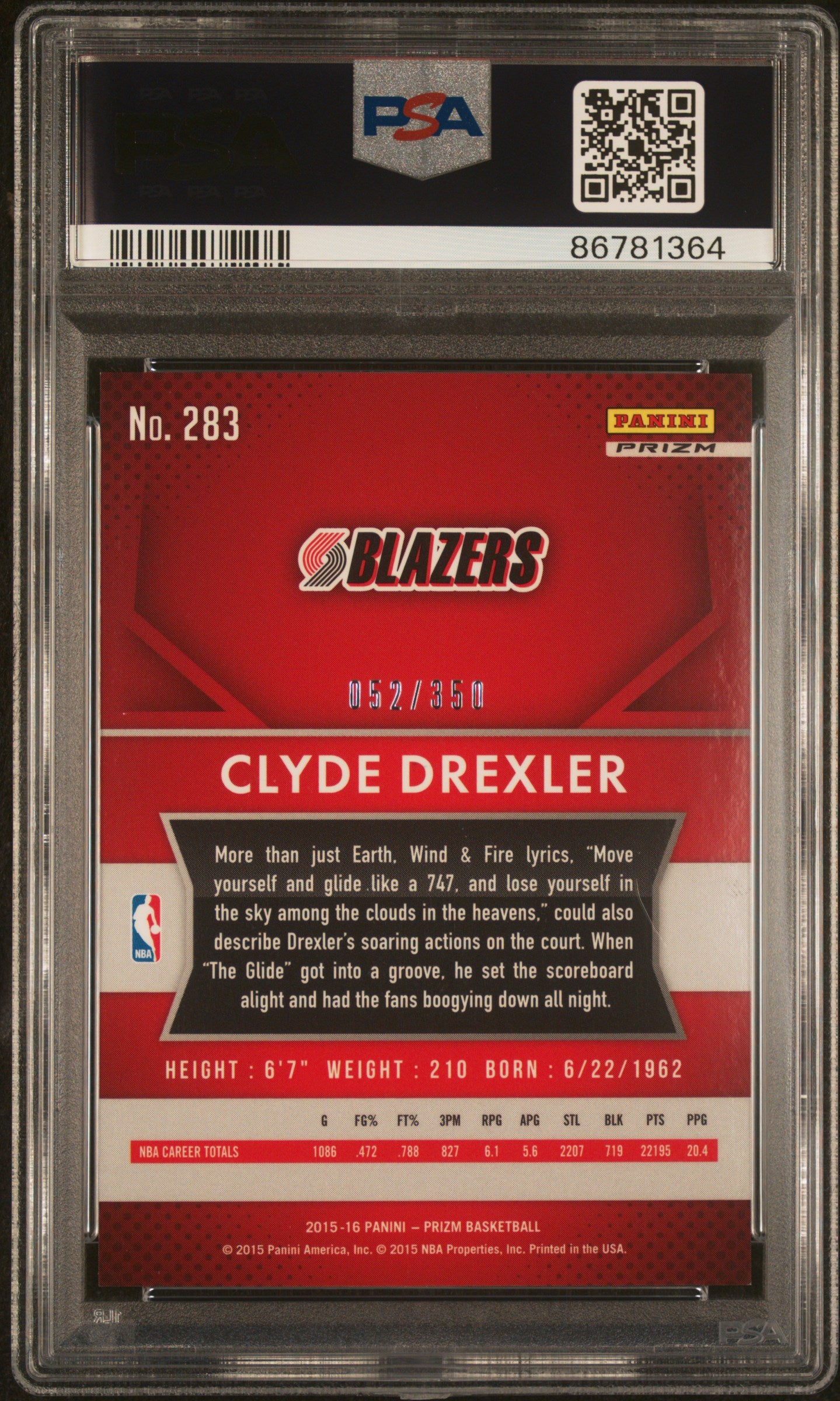 Clyde Drexler 2015 Panini Prizm Ruby Wave Red Card #283 Auto PSA 9 52/350-Powers Sports Memorabilia