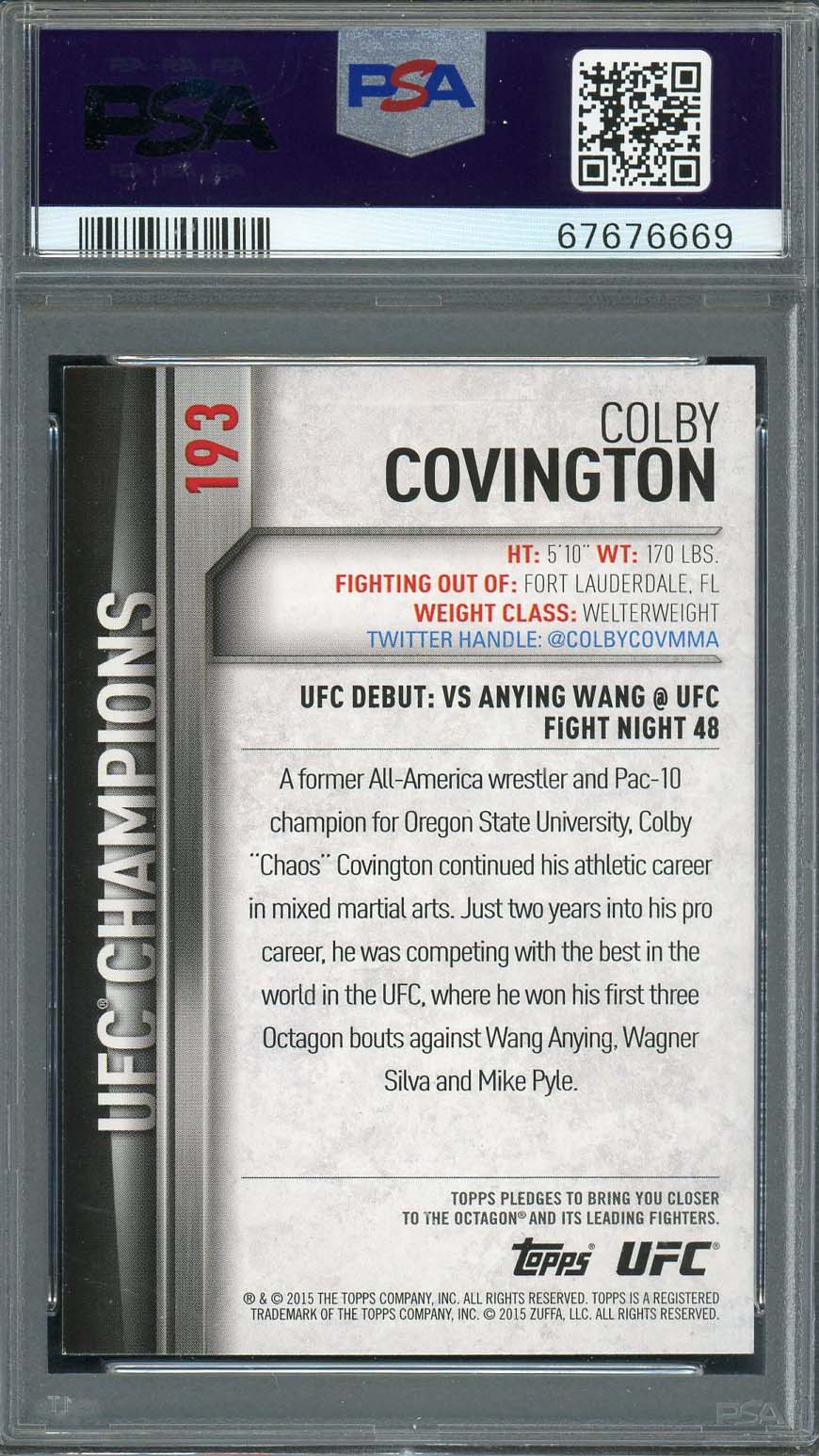 Colby Covington 2015 Topps UFC Champions Signed Rookie Card #193 Auto PSA 9-Powers Sports Memorabilia