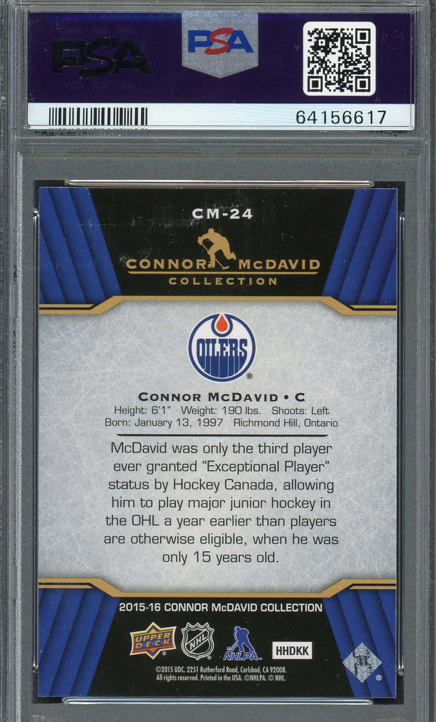 Connor McDavid 2015 Upper Deck Hockey Rookie Card RC #CM-24 Graded PSA 10-Powers Sports Memorabilia