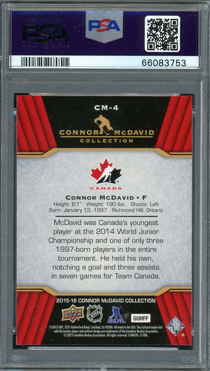 Connor McDavid 2015 Upper Deck Hockey Rookie Card RC #CM-4 Graded PSA 10-Powers Sports Memorabilia