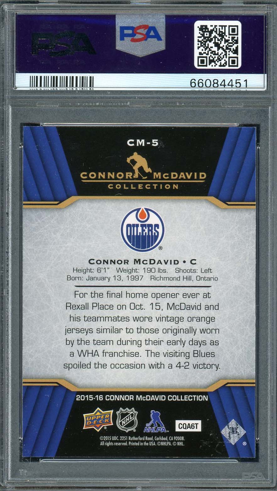 Connor McDavid 2015 Upper Deck Hockey Rookie Card RC #CM-5 Graded PSA 10-Powers Sports Memorabilia