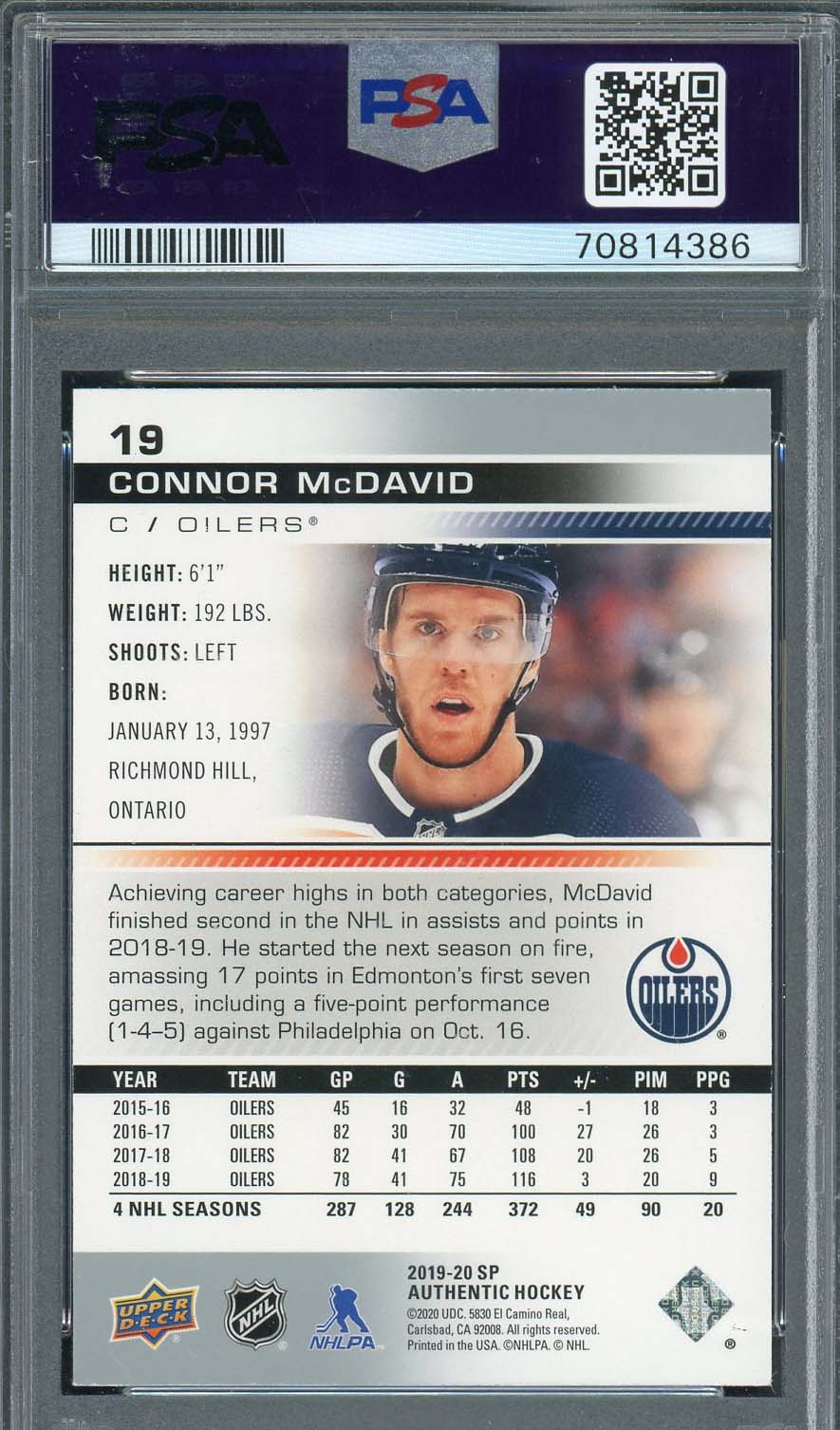 Connor McDavid 2019 Upper Deck SP Hockey Card #19 Graded PSA 10-Powers Sports Memorabilia