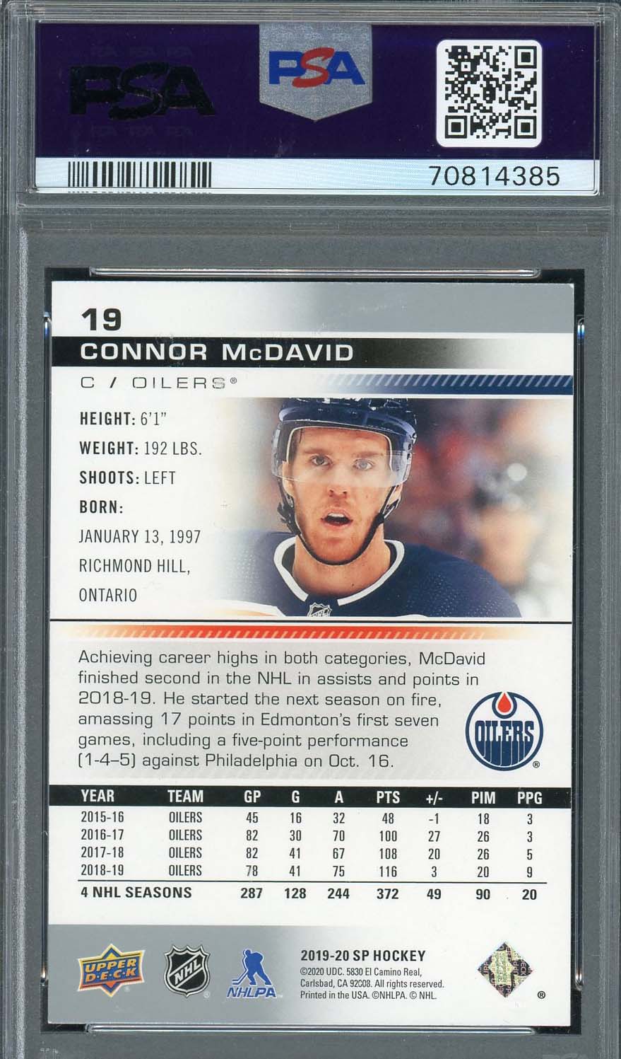 Connor McDavid 2019 Upper Deck SP Hockey Card #19 Graded PSA 8-Powers Sports Memorabilia