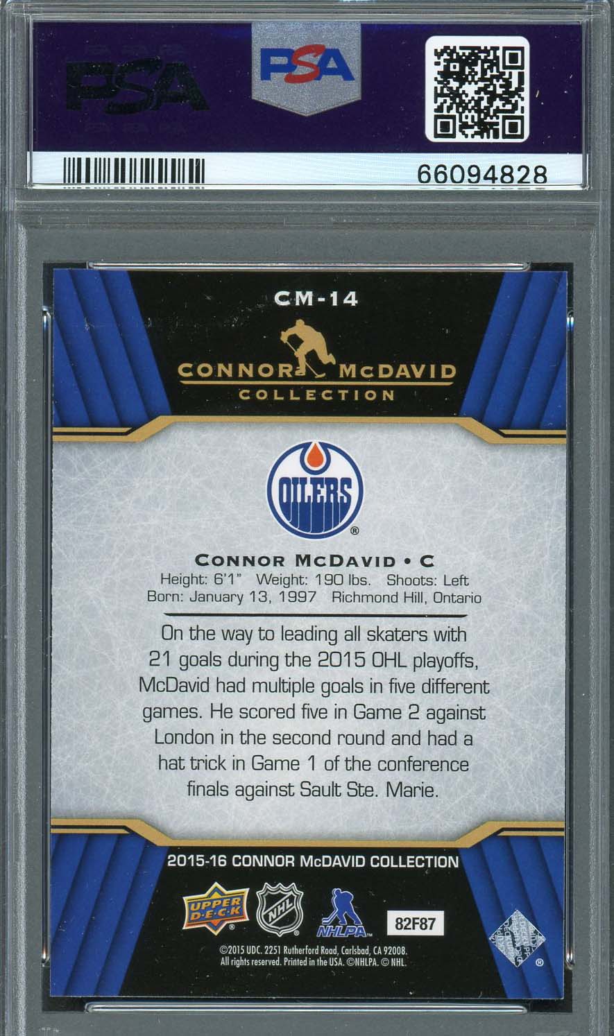 Connor McDavid 2015 Upper Deck Hockey Rookie Card RC #CM-14 Graded PSA 10-Powers Sports Memorabilia