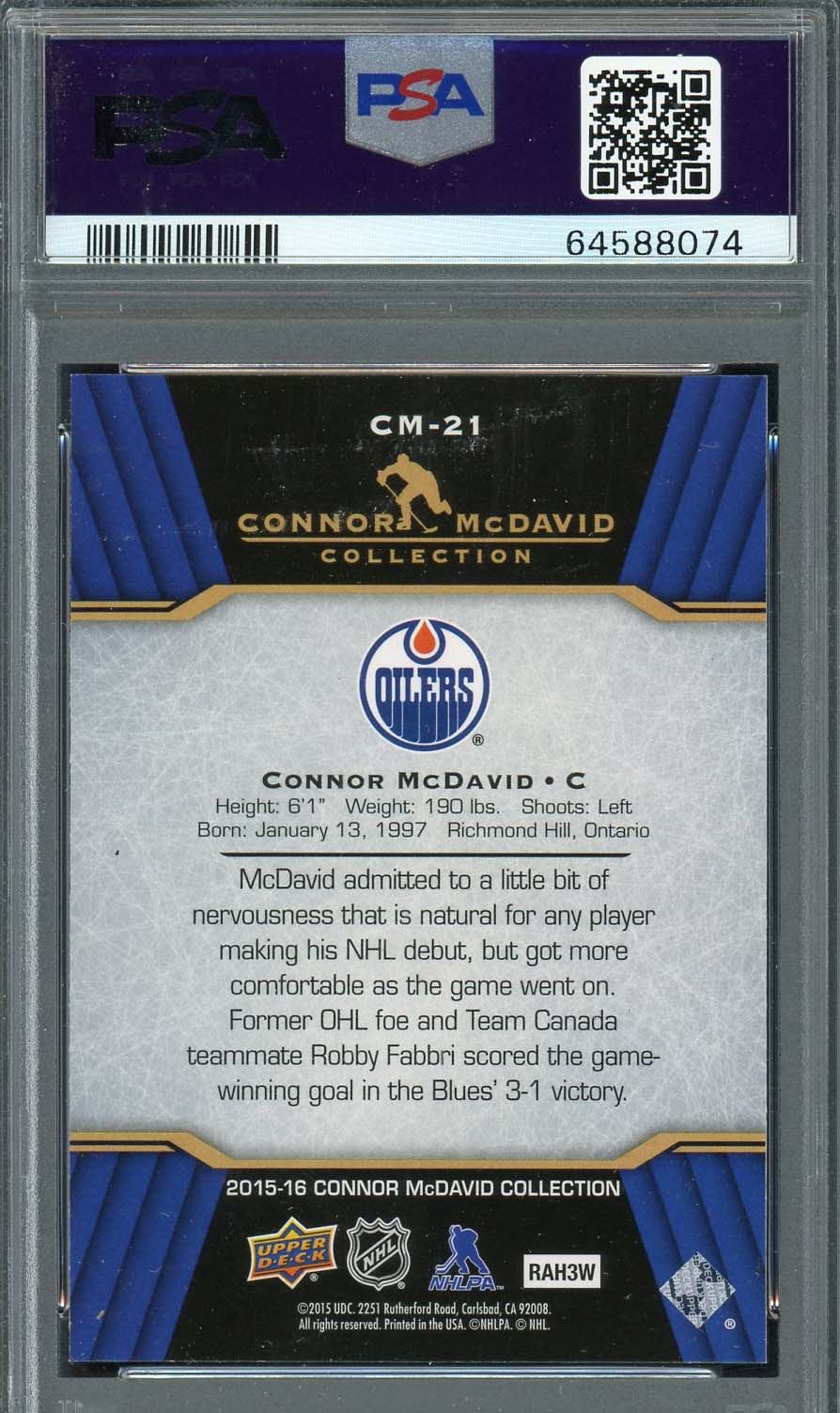 Connor McDavid 2015 Upper Deck Hockey Rookie Card RC #CM-21 Graded PSA 10-Powers Sports Memorabilia