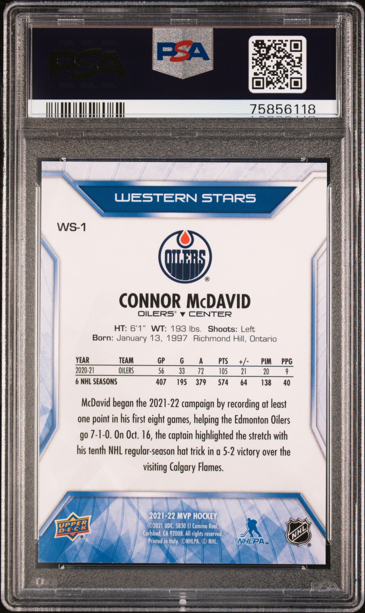 Connor McDavid 2021 Upper Deck MVP Western Stars Hockey Card #WS-1 Graded PSA 10-Powers Sports Memorabilia