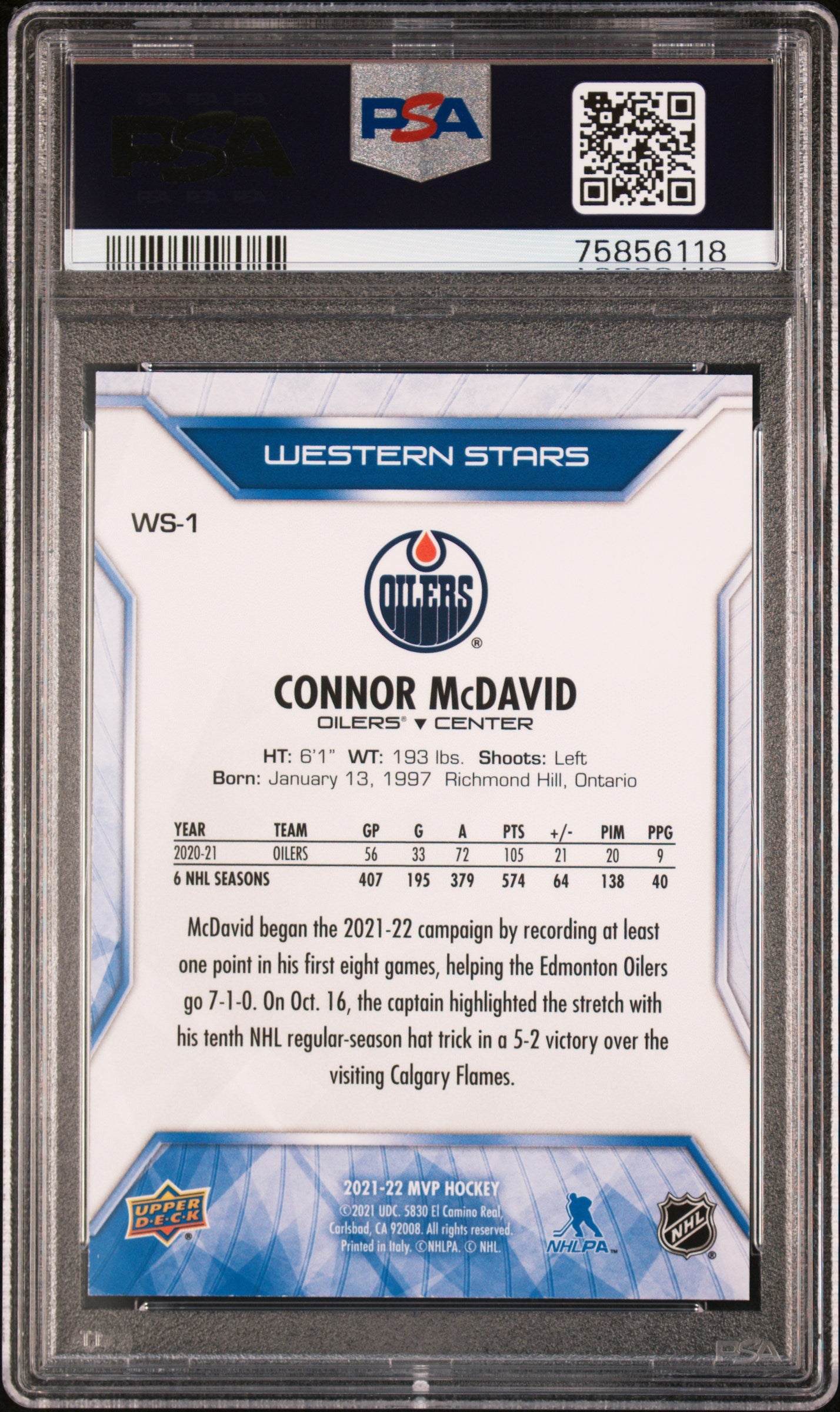 Connor McDavid 2021 Upper Deck MVP Western Stars Hockey Card #WS-1 Graded PSA 10-Powers Sports Memorabilia