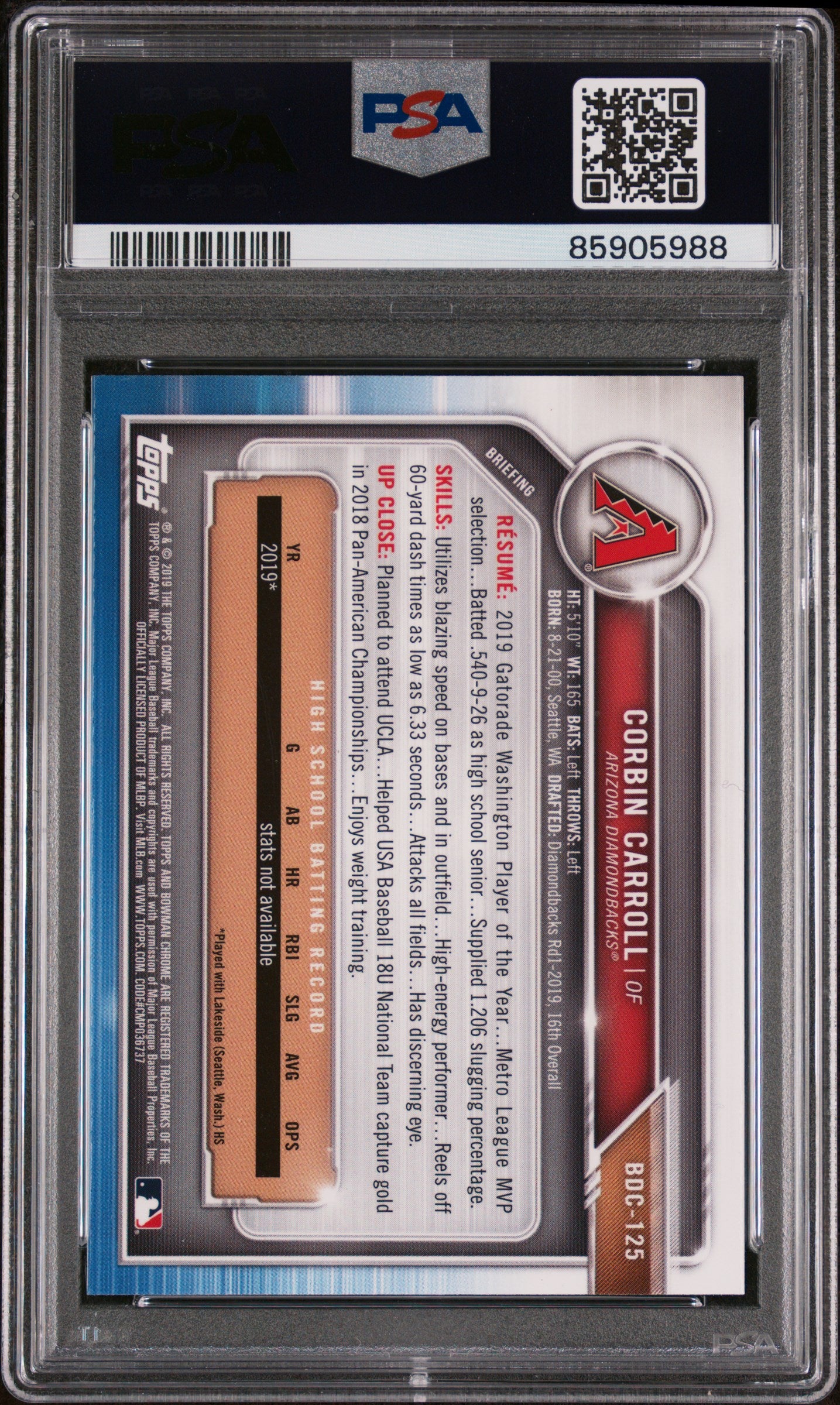 Corbin Carroll 2019 Bowman Draft Chrome Rookie Card #BDC125 Graded PSA 10-Powers Sports Memorabilia