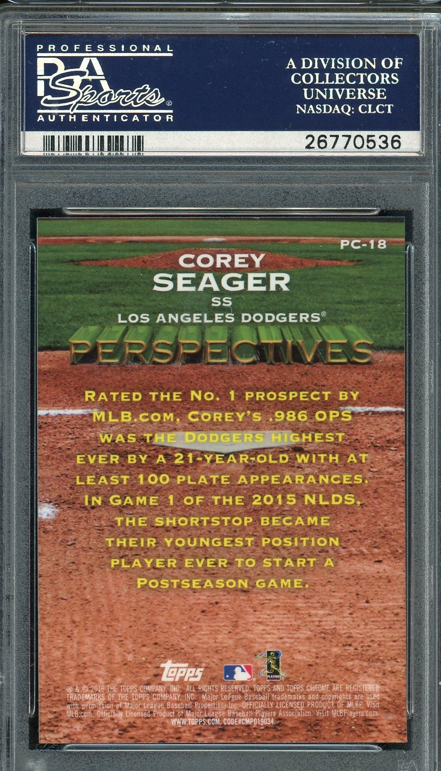Corey Seager 2016 Topps Chrome Baseball Rookie Card #PC-18 Graded PSA 10-Powers Sports Memorabilia
