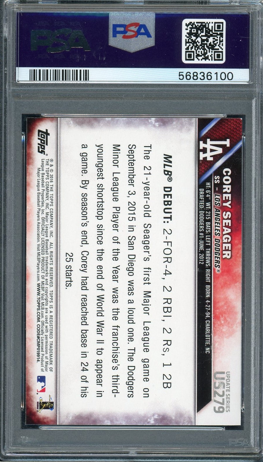 Corey Seager 2016 Topps Baseball Rookie Card #US279 Graded PSA 10-Powers Sports Memorabilia