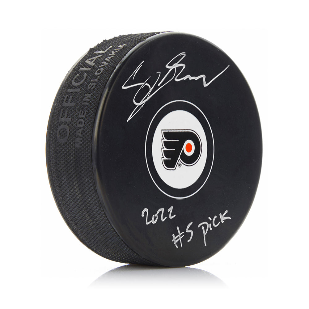 Cutter Gauthier Philadelphia Flyers Signed NHL Hockey Logo Puck with #5 Pick Inscription-Powers Sports Memorabilia