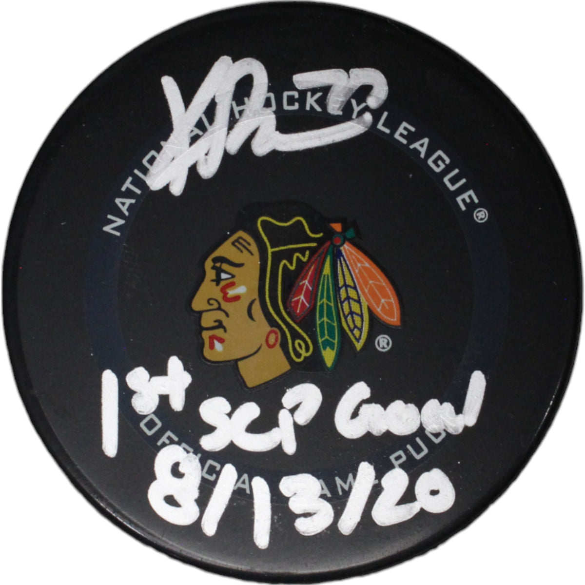 Kirby Dach Chicago Blackhawks Signed Hockey Puck - Hockey Puck 1st SCP Goal FAN-Powers Sports Memorabilia