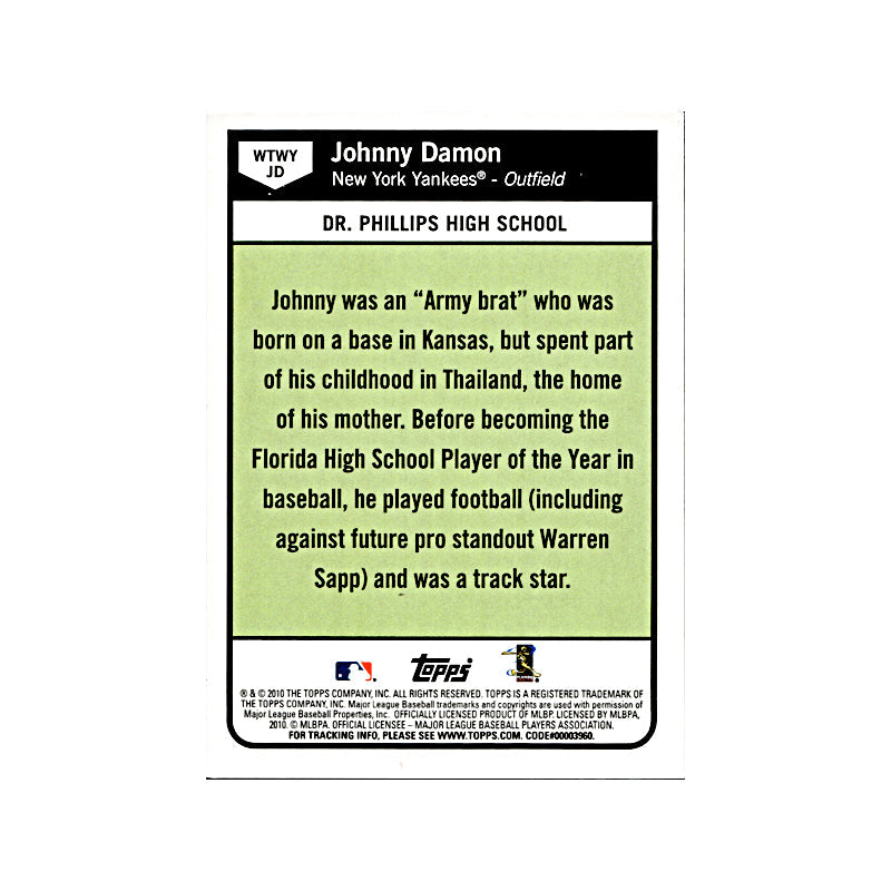 Johnny Damon New York Yankees Signed 2010 Topps When They Were Young Card