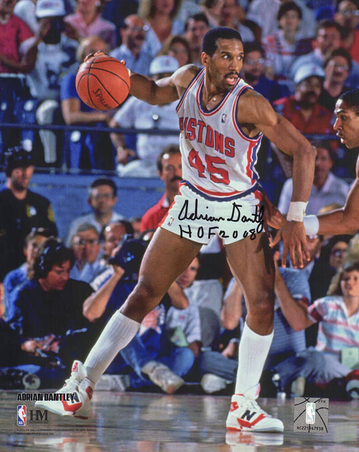 Adrian Dantley Autographed Detroit Pistons White Jersey Dribbling Action 8x10 Photo with HOF 2008-Powers Sports Memorabilia