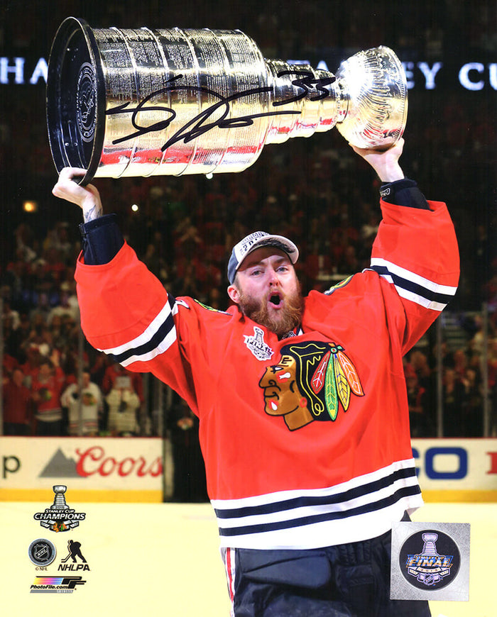 Scott Darling Chicago Blackhawks Autographed Holding 2015 Stanley Cup 8x10