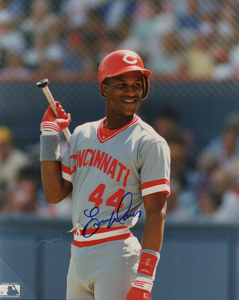 Eric Davis Cincinnati Reds Autographed Grey Jersey Bat In Hand 8x10 Photo-Powers Sports Memorabilia