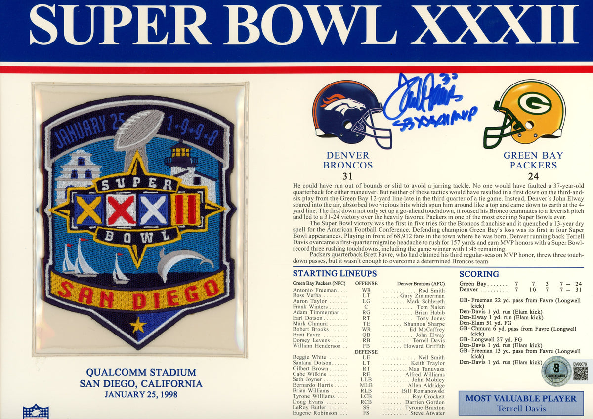 Terrell Davis Denver Broncos Signed Mini Helmet - SB XXXII Patch Stat Beckett Beckett-Powers Sports Memorabilia