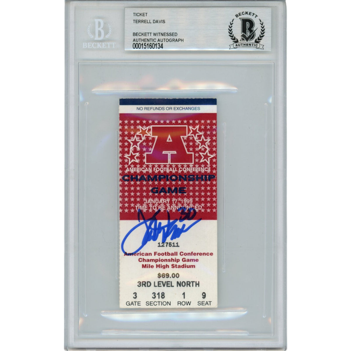 Terrell Davis Denver Broncos Signed Card - 1999 AFC Championship Ticket Beckett Beckett-Powers Sports Memorabilia