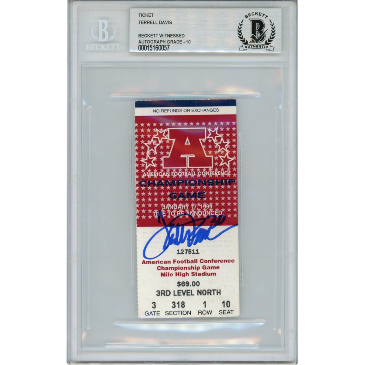 Terrell Davis Denver Broncos Signed Card - 1999 AFC Champ Ticket 10 Grade Beckett-Powers Sports Memorabilia