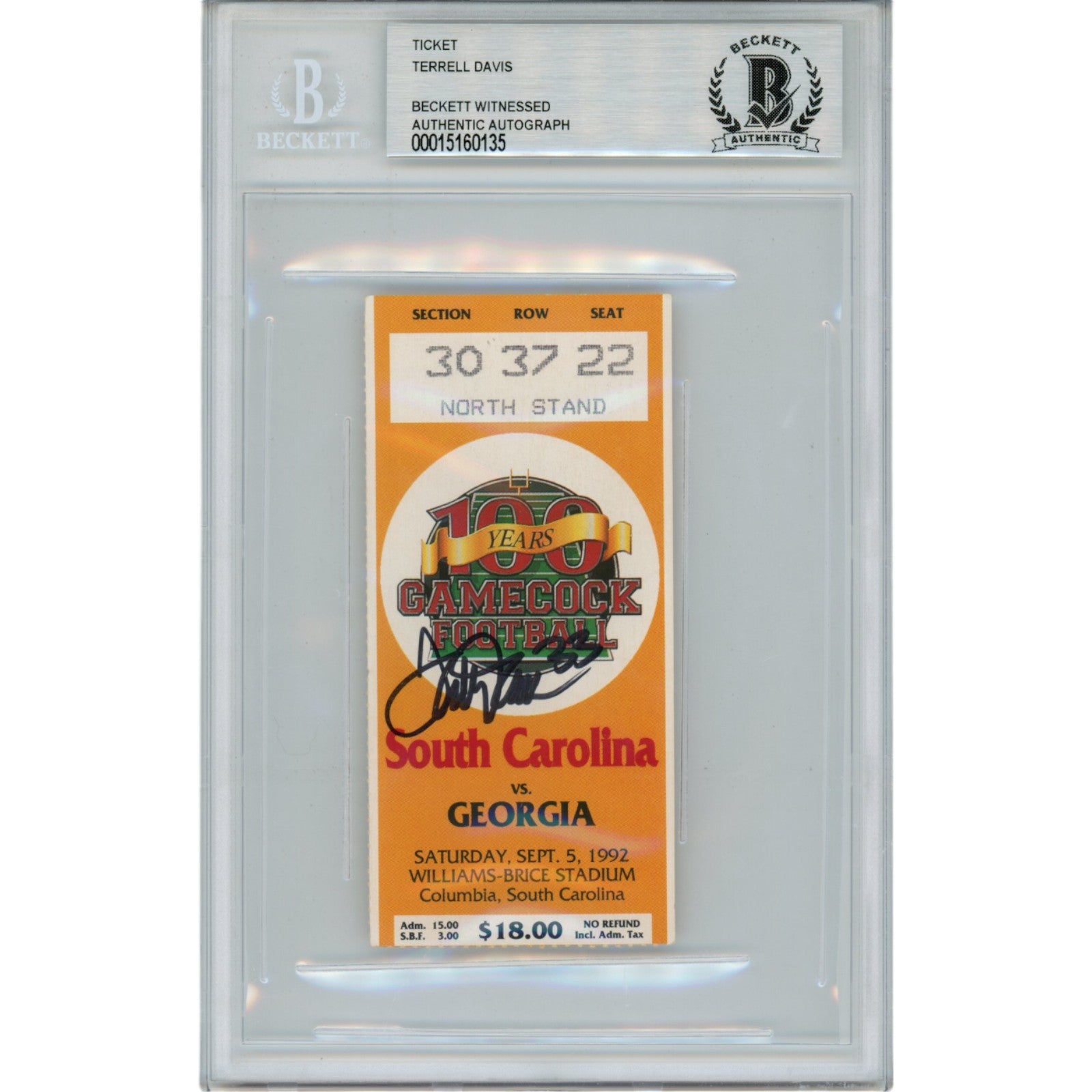 Terrell Davis Georgia Bulldogs Signed Card - 09/05/92 Ticket Stub Beckett Beckett-Powers Sports Memorabilia