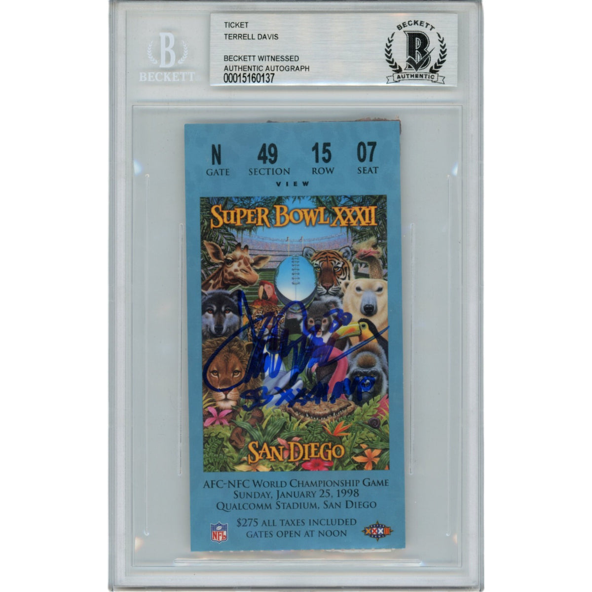 Terrell Davis Denver Broncos Signed Card - SB XXXII Blue Ticket Beckett Beckett-Powers Sports Memorabilia