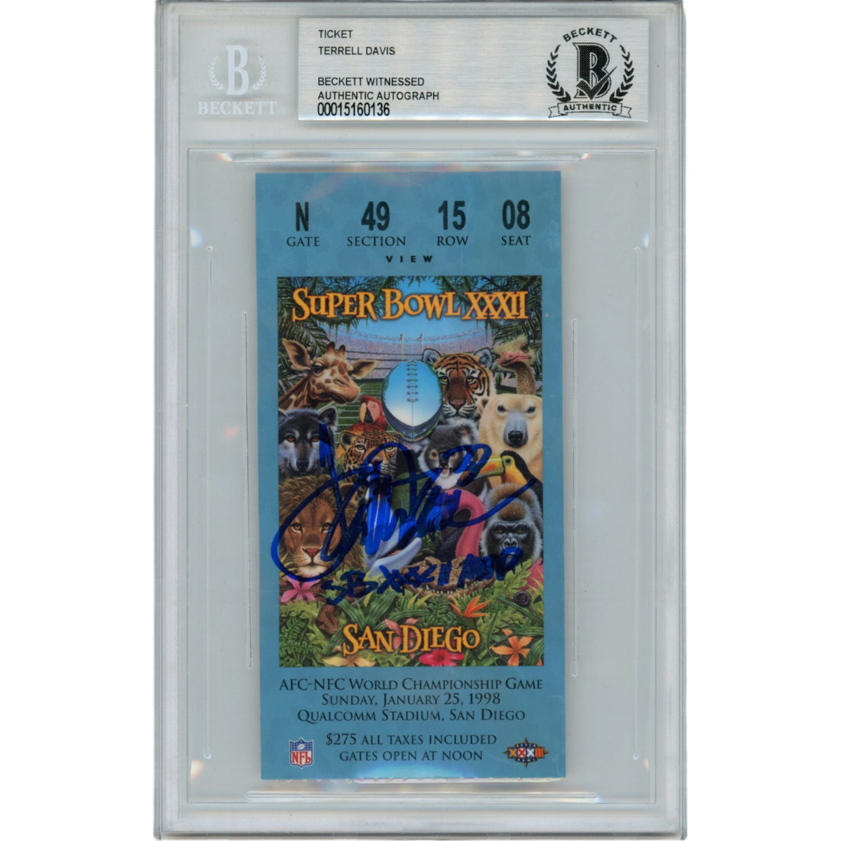 Terrell Davis Denver Broncos Signed Card - SB XXXII Blue Ticket Beckett Beckett - 47581-Powers Sports Memorabilia