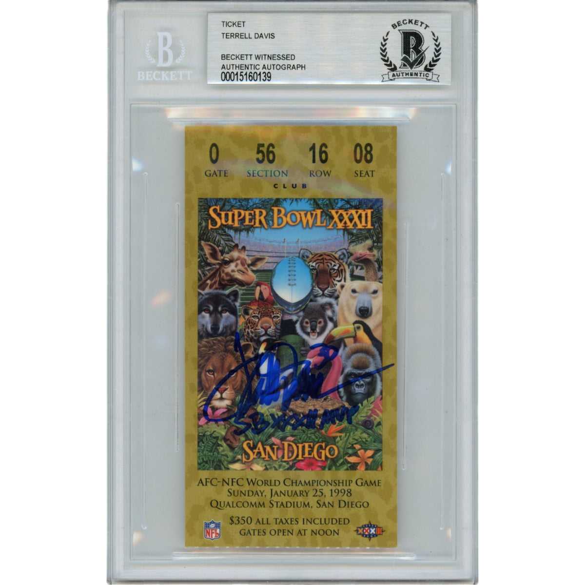 Terrell Davis Denver Broncos Signed Card - SB XXXII Ticket Stub Beckett Beckett-Powers Sports Memorabilia
